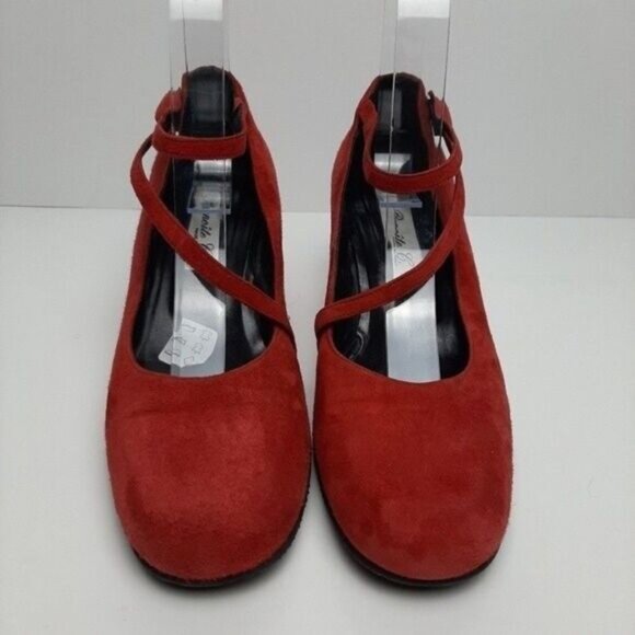 BENOITE C. Italy Mary Jane Wedge Heels Red Suede Sz 7.5 - Picture 4 of 10